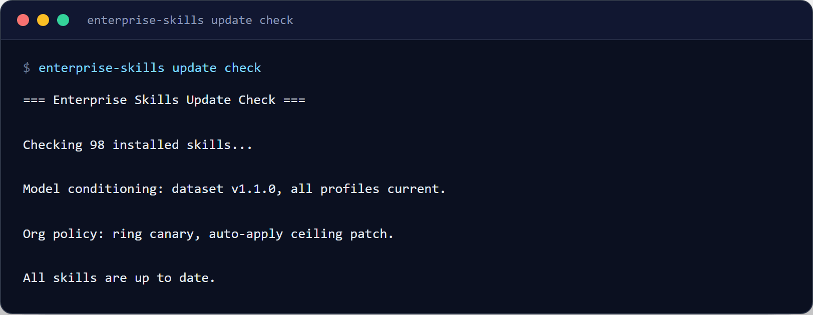 Terminal showing enterprise-skills update check: 98 installed skills checked, the organization's release ring and auto-apply ceiling named, all skills up to date.